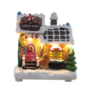 Luminous gingerbread candy shop Christmas house ornament with LED light and festive figurines