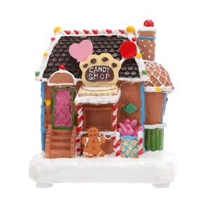 Luminous Christmas music candy shop gingerbread house ornament with snow and candy details