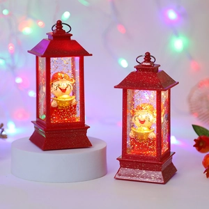 Close-up of red God of Wealth lanterns with glowing light and sparkling glitter effects