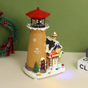 Christmas musical LED gingerbread lighthouse and candy shop resin holiday decoration