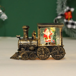 Macro detail of a vintage Christmas train lantern with glowing Santa Claus scene inside