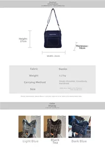 Specifiche dettagliate e schema delle dimensioni della borsa in denim in tre colori