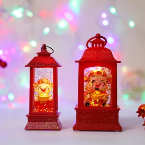 Close-up of red Caishen lanterns with glowing LED lights and shimmering glitter inside