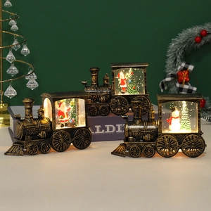 Vintage Christmas LED Light Up Train Snow Globe Ornament Santa Claus Snowman Decorative Miniature Lamp Xmas Holiday Gift Decor
