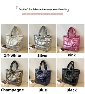 Quilted puffer tote bags set in six metallic colors including silver, pink, and blue