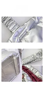 Detailed views of silver quilted puffer bag with elastic handle and magnetic closure