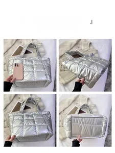 Macro detail showing silver down quilted tote bag textures from multiple angles and views