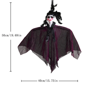 Hangende Halloween spookdecoratie in paars en zwart met veren, 50cm hoog