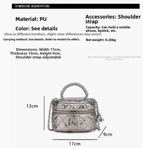 Vue détaillée du mini sac argenté matelassé avec dimensions 17x13x9cm et chaîne