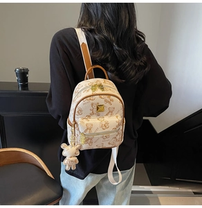 Detail van een mini PU-rugzak met berenprint op de rug van een model van achteren