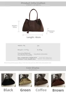 Detailed view of large matte PU tote bag dimensions and four available color options