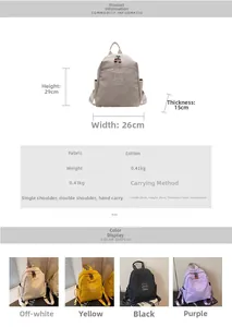 Size chart showing 26x29x15cm dimensions and color options for the nylon backpack