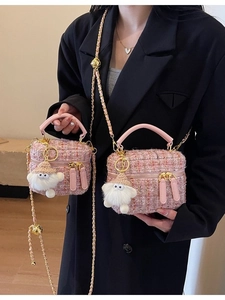 Women Tweed Sequin Chain Crossbody Bag Vintage Small Square Box Handbag With Plush Monster Pendant Elegant Fashion Purse