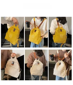 Collage of model wearing lightweight waterproof nylon backpack in yellow and white colors