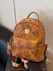 Dames Mini PU Leren Rugzak Met Schattige Teddybeer Print Mode Casual Preppy Stijl Kleine Reisdagrugzak