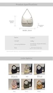 Detailed size chart for large canvas hobo bag showing dimensions and six color options