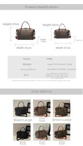 Size guide for large and small nylon tote bags with detailed width and height dimensions