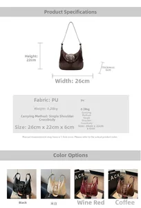 Detailed dimensions of the vintage PU leather half-moon shoulder bag shown in four colors