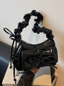 Women Niche Design Ruffled Bow Underarm Bag Glossy PU Leather Shiny Shoulder Bag For Daily Party Fashion Handbag