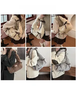 Collage of plush bow shoulder bags in cream, brown, and grey shown on models