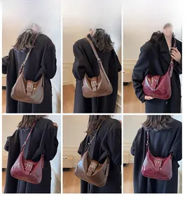 Detailed views of vintage glossy shoulder bags in dark brown and burgundy colors
