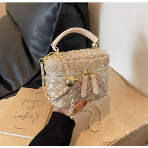Detail of tweed box bag with sequins, gold chain strap, and elegant metal zipper closure