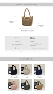 Spécifications détaillées de taille et tableau des matières du sac cabas matelassé