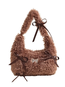 Brown fluffy faux fur shoulder bag with leather bows and silver butterfly charm