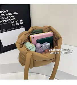 Vue détaillée du sac cabas matelassé kaki montrant un grand espace pour iPad