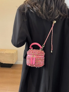 Women Elegant Tweed Box Bag Sequin Braided Small Square Shoulder Crossbody Bag With Metal Chain Strap High End Cosmetic Bag
