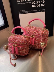 Pink tweed crossbody box bag set with gold chain strap and heart adjustment buckle