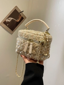 Pink tweed box bag with sequins, metal chain strap and top handle for women