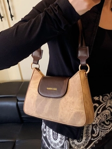 Retro marble pattern shoulder bag with brown leather flap and golden ring hardware