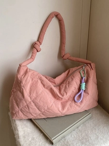 Large Capacity Quilted Rhombus Tote Bag For Women Casual Slouchy Shoulder Bag With Knotted Strap And Contrast Rope Charm