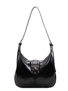Glänzende schwarze Hobo-Schultertasche mit Retro-Schnalle und verstellbarem Gurt