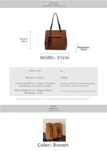 Detailed size chart and dimensions of the large brown PU leather tote bag in CM