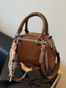 Women's Retro Mini Boston Bag PU Leather Crossbody Bag With Contrast Stitching And Decorative Charm Trendy Shoulder Handbag