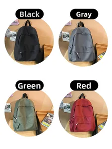 Four colors of minimalist waterproof nylon backpacks displayed in grid layout for school