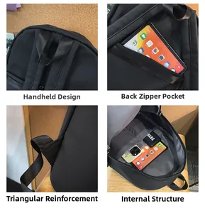 Detail view of black backpack with reinforced straps, hidden back pocket and inner compartments