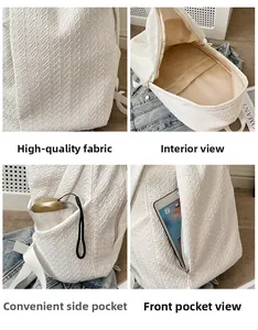 Detail view of woven texture fabric and spacious compartments of the white backpack