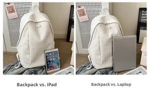 Detailed comparison of large white woven backpack size with laptop and tablet devices