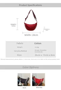 Detailed size chart and specifications for the minimalist moon-shaped canvas crossbody bag