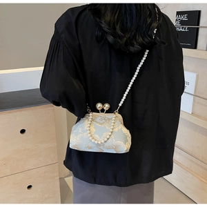 Detailed close-up of vintage floral embroidery and pearl chain strap on the light blue bag