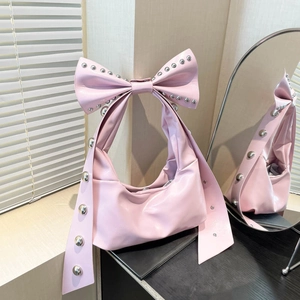 Damen Glänzend PU-Leder Schleife Unterarmtasche Mit Silbernen Nieten Mode Halbmond Schultertasche Y2K Punk Stil Handtasche