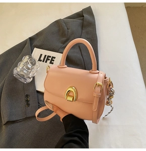 Detail of a pink saddle bag with golden horseshoe buckle and decorative silk scarf detail