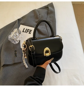Detail of black saddle bag featuring golden arch clasp and elegant striped silk scarf