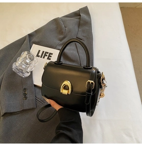 Detail of high-quality black leather saddle bag with golden horseshoe-shaped metal buckle