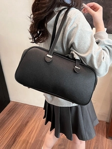Minimalist black lychee texture leather shoulder bag with silver hardware for women