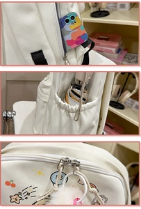 Close-up of the front zipper pocket, side umbrella pocket and top zipper on cartoon backpack