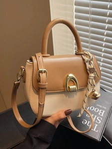 Women Fashion PU Leather Saddle Bag With Gold Horseshoe Buckle Niche Contrast Color Crossbody Bag With Satin Scarf Charm